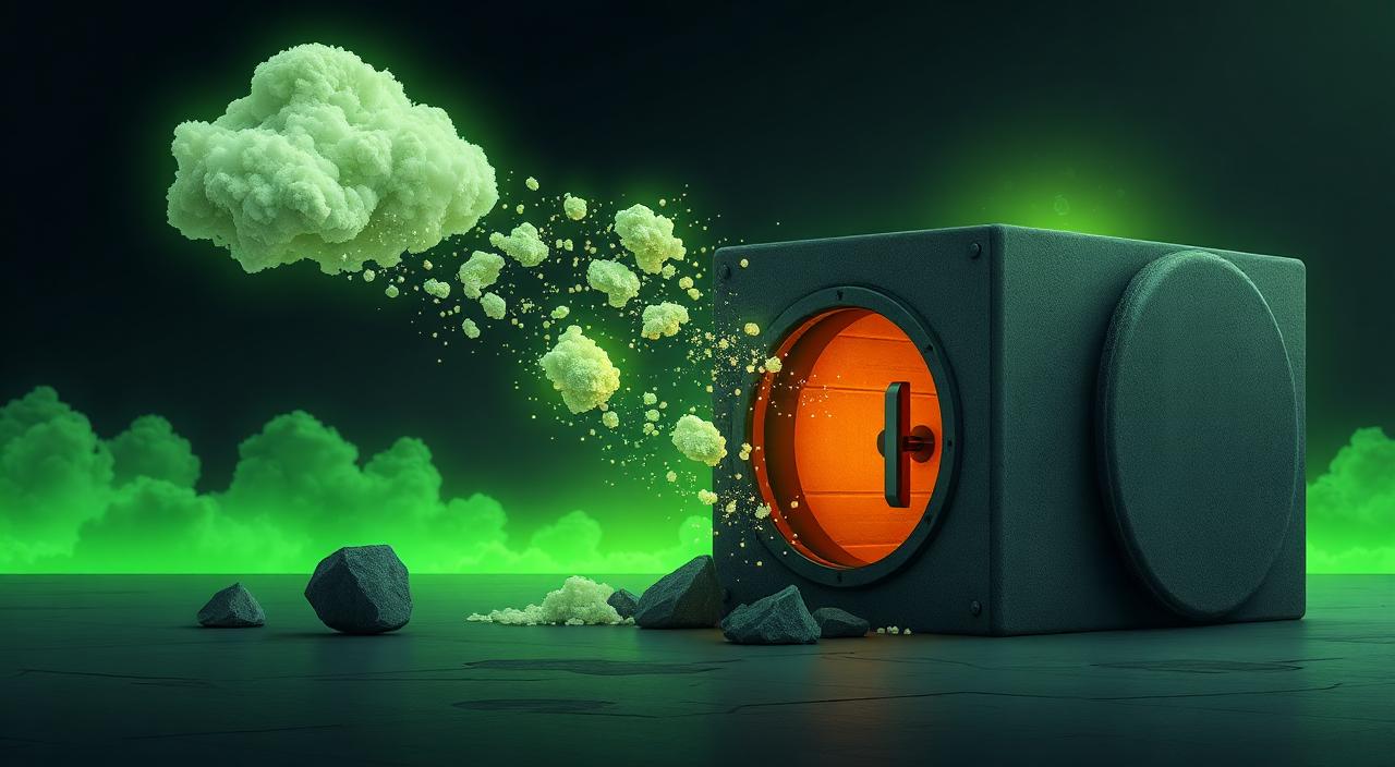 Heavy legacy hardware vault dissolving into a weightless lime-green cloud.