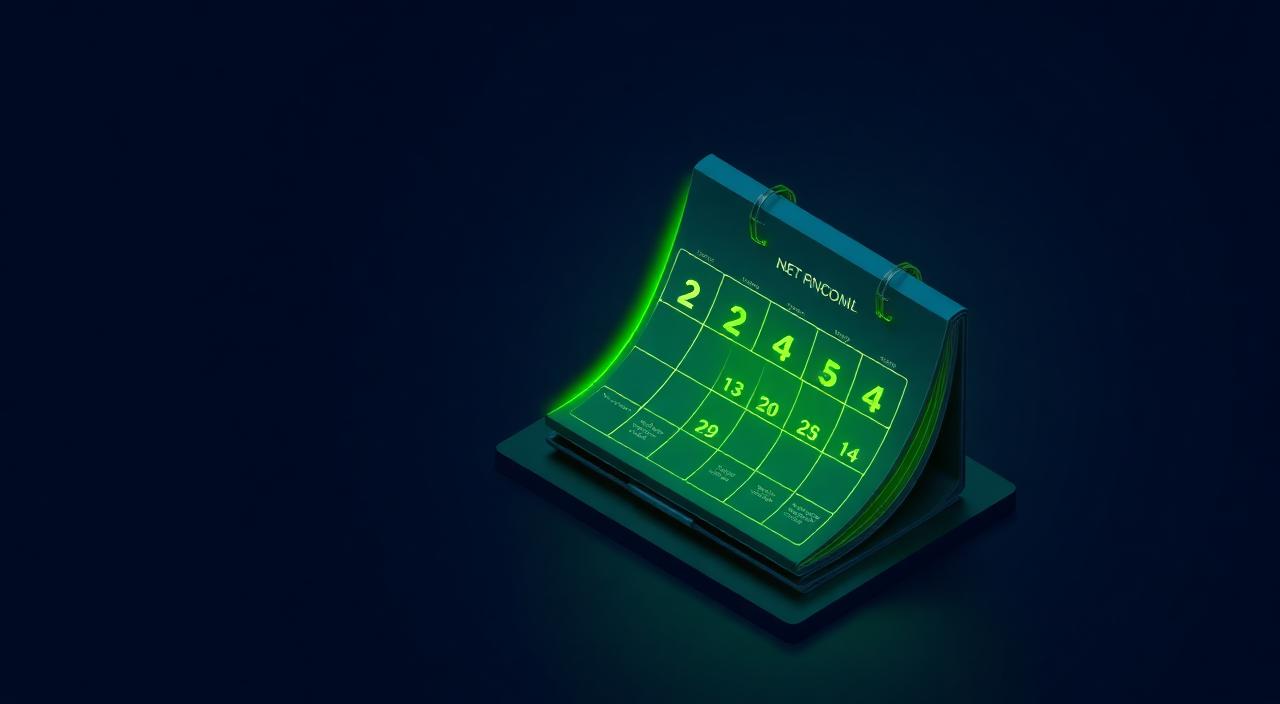 Isometric calendar with three days highlighted in lime green next to an open ledger.