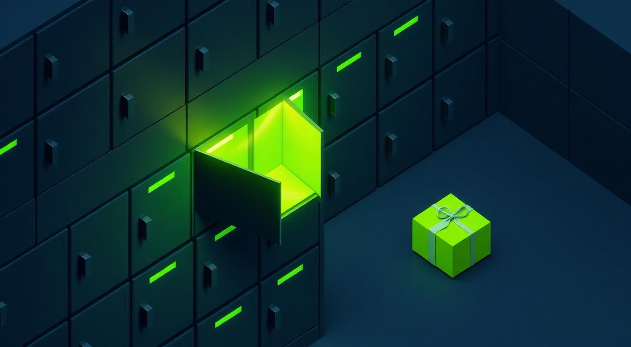 Grid of smart parcel lockers with one compartment glowing lime green and emitting an OTP beam.