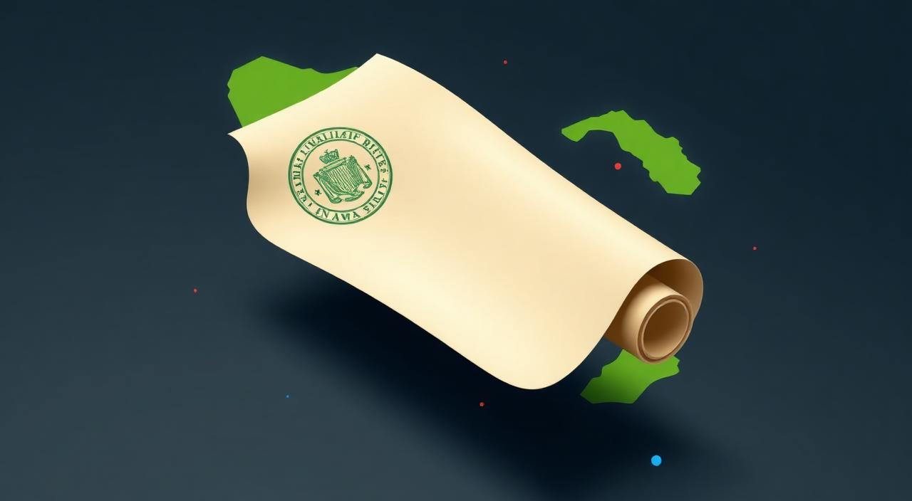 Unfurled legal scroll with a wax seal floating above a faint outline of the Panama isthmus.