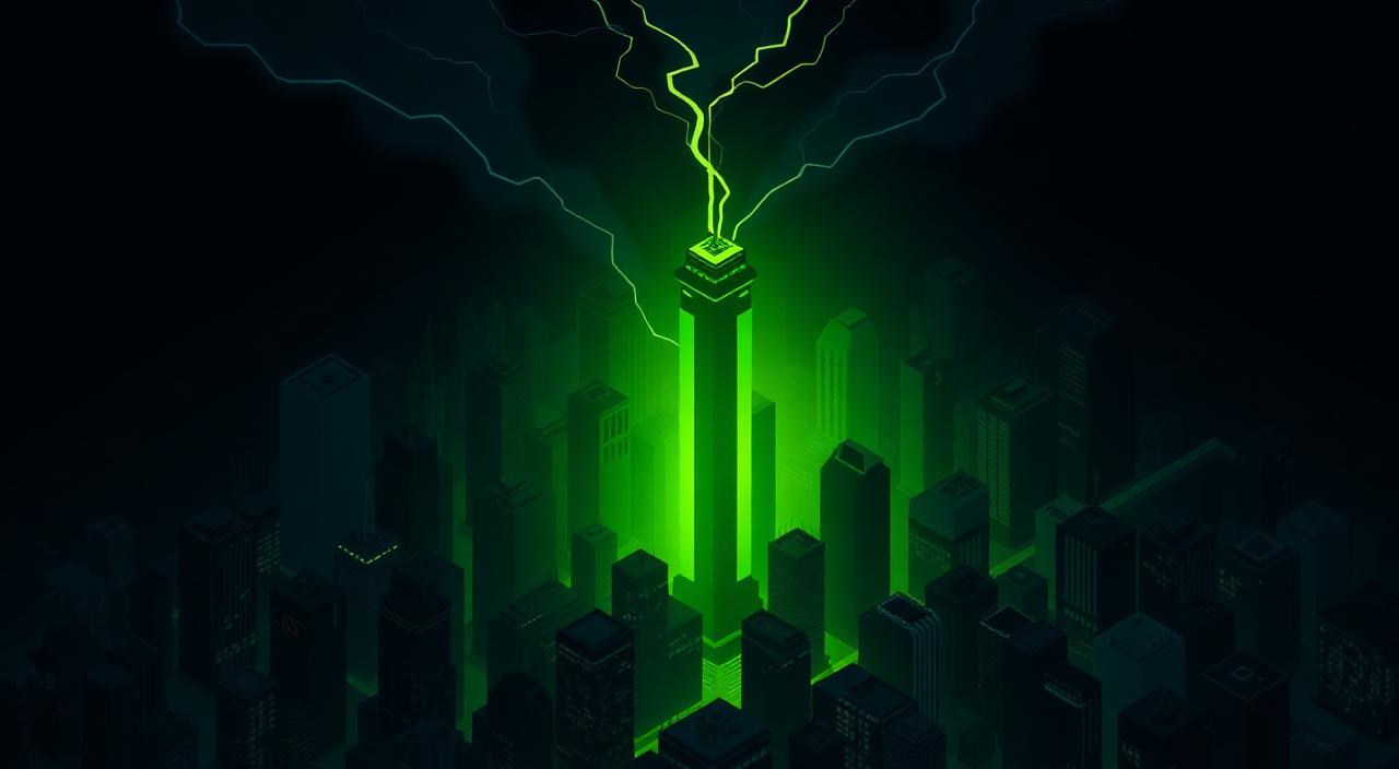 Dark city skyline with a single tower glowing brilliant lime green through a passing storm.