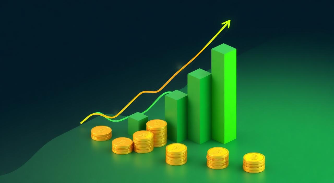 Ascending isometric bar chart rising over stacks of gold coins.